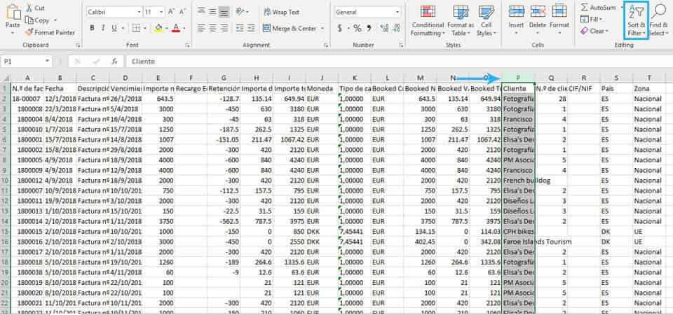 Cómo ordenar en Excel el listado de facturas según los clientes