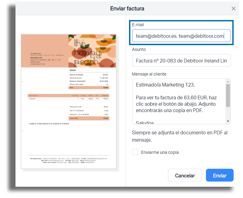 Envia tu factura a dos e-mails a la vez con tu programa de facturación