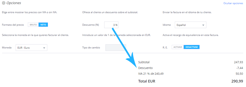 Añadir desscuento sobre la base imponible en tus facturas